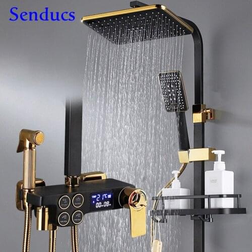 Bathroom Shower Set Senducs Thermostatic Bath Shower System 10 Inch Rainfall Shower Head Brass Bathtub Faucet Digital Shower Set