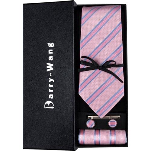 TS-433 Barry.Wang 2018 Mens Ties Necktie Hanky Cufflinks Set With Gift Box Pink Striped Ties For Men Wedding Bueiness Party