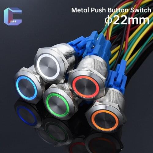22mm Waterproof 3A Metal Push Button Switch Momentary Latching 1NO1NC With Ring LED Stainless Steel