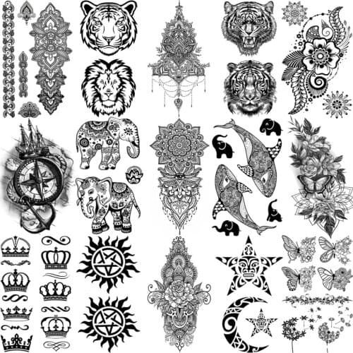 3D Henna Pendant Butterfly Crown Temporary Tattoos For Women Adult Elephant Tiger Compass Whale Fake Tattooneck Hand Small Tatoo