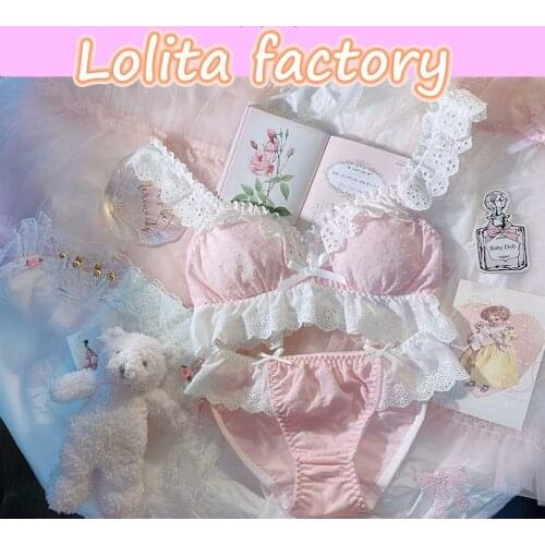 Japanese Princess Underwear retro girl Mori pure cotton cloth water jade point embroidery lace lace lace no steel ring bra set