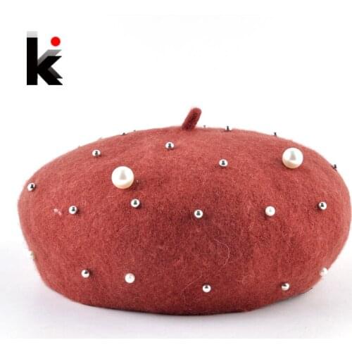 Women Beret Hats Autumn Winter 100% Wool Berets Cap Lady Fashion Pearl Streetwear Boina Feminina Solid Color Sweet Girl Beanies