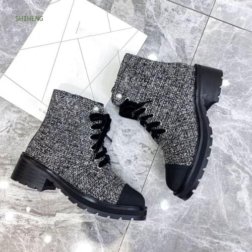 Women Autumn/winter Mid-calf Boots Fashion Round Toe Plaid Print Lady Thick Heel Martin Boots Women Platform Short Boots 2021