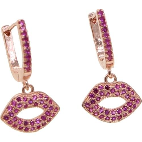 Red cz kiss lip dangle drop charm earring Rose gold Color Fashion vogue women ear jewelry
