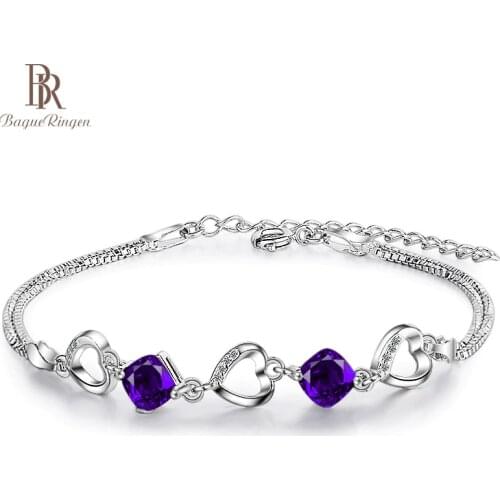 Bague Ringen Delicate Amethyst Heart shaped Chain Bracelet for Women Contracted Gemstone Silver 925 Jewelry Dating Engagement