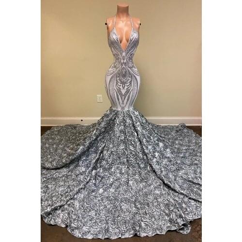 Silver Mermaid 2021 Prom Dresses Sexy Halter V Neck Flower Beading Sequined Evening Dress Real Image Formal Gowns Party Wear