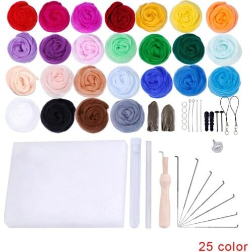 25 Colors Felt Yarn Roving Set Needle Felting Starter Kit Foam Mat Arts Crafts DIY Needle Felt Tools