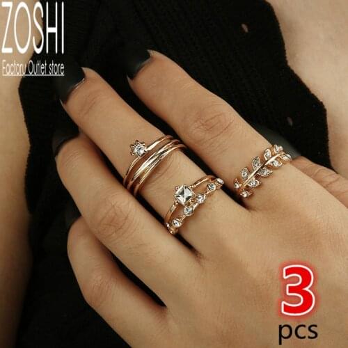 3pcs/set Bohemian Vintage Gold Crystal Geometric Joint Ring Set for Women Leaf Personality Design Ring Set Party Jewelry Gift
