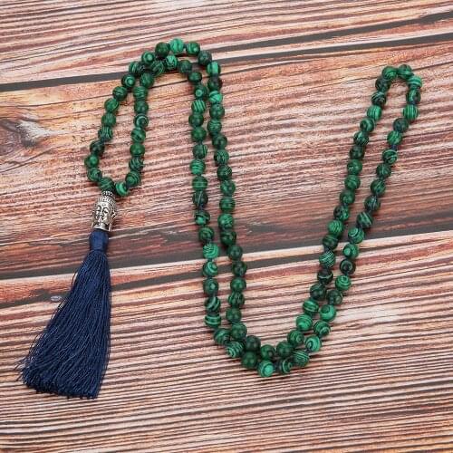 108Mala Malachite Handmade Beaded Knotted Meditation Declaration Yoga Blessing Assembly Big Buddha Head Tassel Long Necklace
