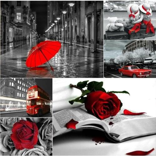 5D DIY Diamond Painting Black White Art Red Flowers Cross Stitch Full Drill Mosaic Handmade Hobby Home Decor Embroidery Tool Kit