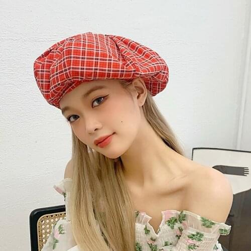 Womens Beret Autumn Cotton Red Plaid Fashion Big Cloud Hat Elegant Shopping Outdoor Trendy Lady Caps Elastic Band New