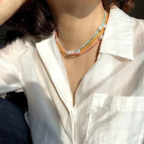 Bohemia Handmade DIY Mixcolor Seed Beads Strand Necklace Sweet Imitation Pearls Women String Beaded Necklace Jewelry Accessories