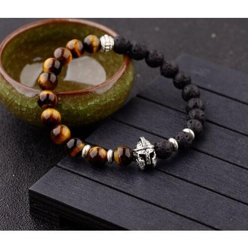 DUOVEI Roman Knight Warrior Gladiator Helmet Bracelet Men Tiger Eye&Lava Stone Bead Bracelet Women Yoga Elastic Bracelet AB288