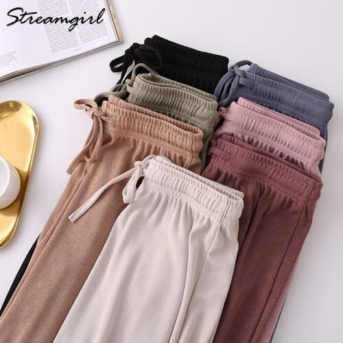 Streamgirl Wide Leg Ice Silk Pants Women 2021 High Waist Trousers Loose Knitted Thin Womens Summer Pants Women High Waist Silk