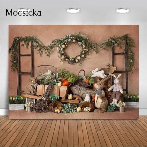 Bunny Birthday Backdrop Rabbit Carrot Flea Market Easter Egg Photo Background Kids Newbron Birthday Backdrop Photocall Chicken