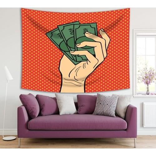 Tapestry Pop Art with Hand Holding Money in Illustration Green Red Yellow Colors Polka Dots Stylish Decor