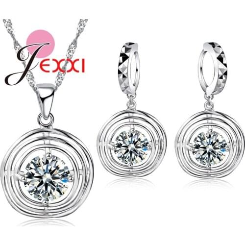 Top Quality Girl Accessories 925 Sterling Silver Hollow Circle Crystal Necklace Earrings Funny Women Jewelry Sets