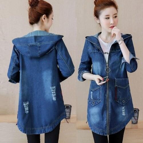 Autumn Denim Jacket Women Long Loose Full Sleeve Fashion Blue Tops Female Casual Girls Outwear Hooded Basic Coat Jackets A90111