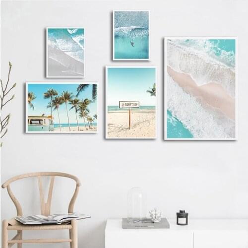 Boat Ocean Waves Overhead Picture Nature Scandinavian Nordic Decoration Sandy Beach Bus Print Wall Art Canvas Painting
