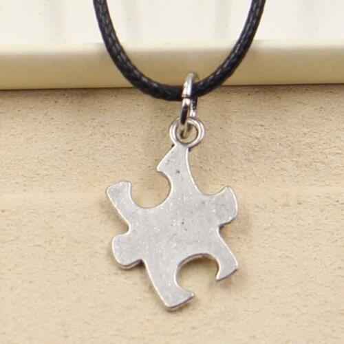 Fashion Jigsaw Puzzle Piece Autism Awareness Necklace Pendant Women Jewelry Black Leather Punk Choker Leather Necklace Gift