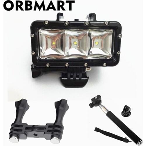 ORBMART 3 in 1 Action Sport Camera Accessories Kits Selfie Stick + Diving Light + Double Stent Adaptor For Gopro SJCAM Xiaomi Yi