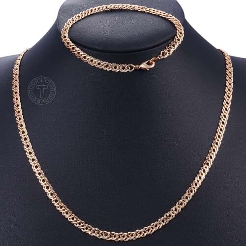 Davieslee Womens Jewelry Sets 585 Rose Gold Hammered Venitian Chain Bracelet Necklace Set 2018 Wholesale Jewelry 5.5mm DCS03