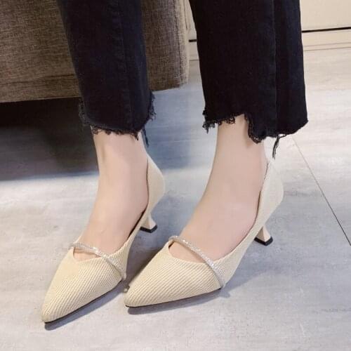 2020 spring and autumn new ladies high heels striped cloth rhinestones high quality fashion mature wild stiletto shoes W27-08