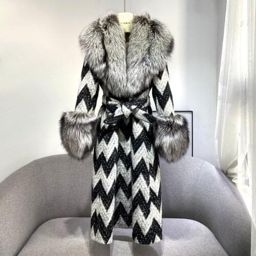New Long Imported Whole Silver Fox Fur Women Winter Coat Wool Noble 2020 Korean Argyle Coat Womens Woollen Fashion Fur Coat