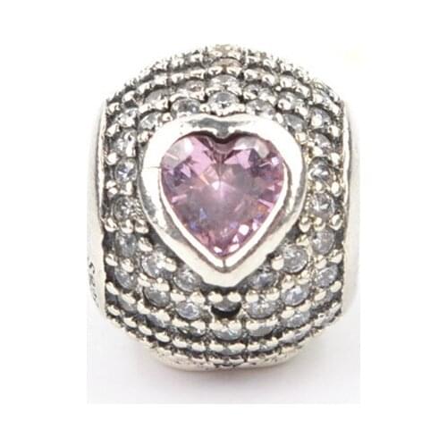 925 Sterling Silver Heart Stone Charm For 3mm Bracelet & Fancy Pink CZ Silver Beads for Women Bracelets Jewelry