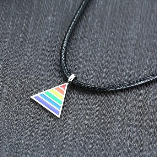 Men Rainbow Gay Lesbian LGBT Pride Triangle Pendant Necklaces for Woman with 24" Black Leather Rope Chain