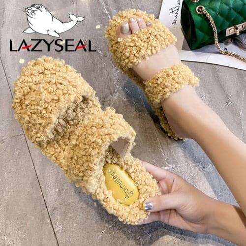LazySeal Colorful Real Fur Home Slippers Women Shoes Flat-soled Woman Slides Ladies Furry Indoor Flip Flops Fluffy Plush Shoes