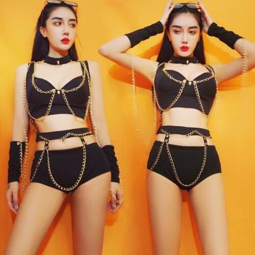 Nightclub Dj Female Singer Collar Dance Clothes Bar Ds Costumes Atmosphere Hip Hop Jazz Stage Loading Chain Set Gogo Rave Outfit