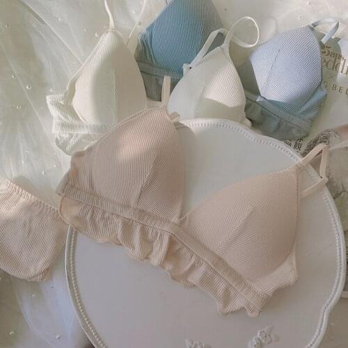 Wriufred Ruffled cotton thin underwear panties suit female breathable no steel ring lingerie sets sexy triangle cup womens bra