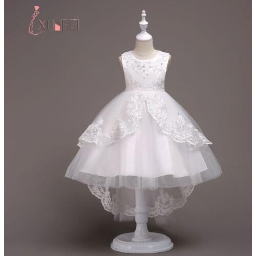 Xunbei 3-14 Years Girl Dresses Tull Bow High Low Lace Appliques Draped Ruched Dance Birthday Party Dresses For Flower Girls Gown