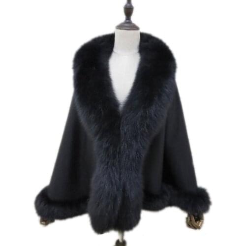 Womens Real Cashmere Winter Cape Semicircle Poncho Real Fox Fur Collar Cloak Coat 7 Colors