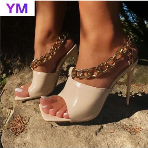 2021 Elegant Ladies Party Fashion Ankle Sandals Chain Woman Summer Shoes High Quality PU Leather Open Toe Stilleto High Heels