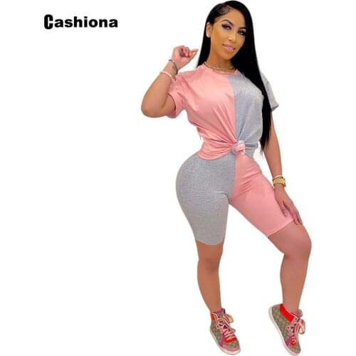 Cashiona Plus Size 4xl 5xl Women Two Piece Set 2021 New Patchwork Tops And Casual Skinny Shorts Set Female Tracksuit Outfits