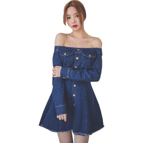 2017 Spring Autumn New Women Sexy Denim Dress One word collar Exposed Thin Plus size Tightening Waist Female Jeans Dresses WZ480