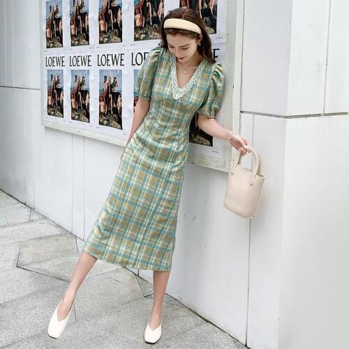 New arrival fashion plaid dress women elegant summer vintage v-neck puff sleeve temperament simple slim long a-line dress