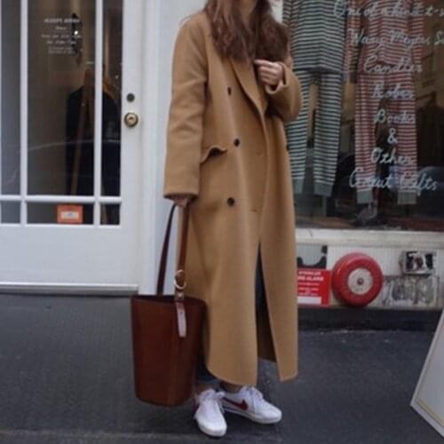 New Womens Retro Loose Double-breasted Long Overcoats Winter Warmness Full Sleeve Notched Collar Female Woolen Coats Wholesale