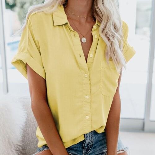 Women Tops Summer Short Sleeve Blouses Office Ladies Top Casual Turn Down Collar Button Up Shirt Woman Solid Color Office Blusas