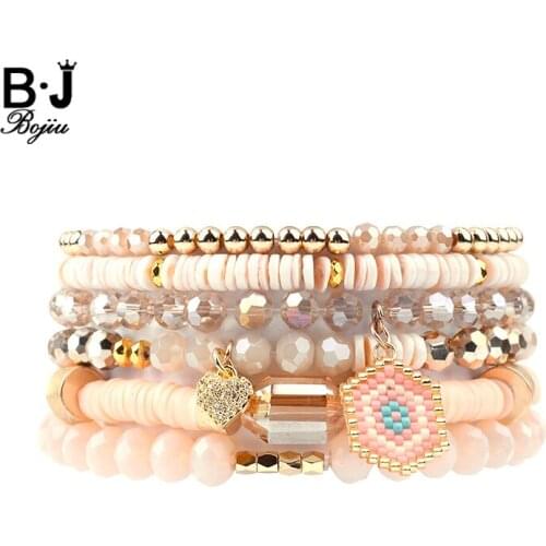 BOJIU 6 Pcs/Set Evil Eye Heart Charm Bracelets Women Multicolor Plastic Crystal Gold Copper Bead Bracelet Femme Jewelry BCSET144