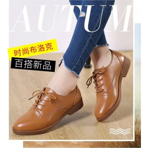 Women Brogue Shoes Woman Flats Autumn Spring Womens Oxfords Genuine Leather Full Black Flat Office Derby Female Shoes