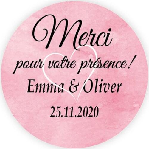 DouxArt 100 pcs Custom Personalized, Wedding Stickers - Merci pour votre presence, 40mm Wooden Wedding Baptism Event Labels P076