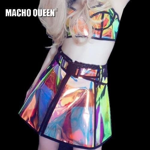 Holographic PVC Top Skirt Sets Festival Rave Wear Clothes Outfit Celebrity Birthday Bodysuit Female Singer Costumes