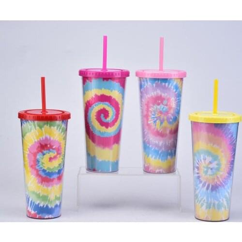 24 oz Tie-dye Tumbler With Lid And Reusable Straw Colorful Double Wall Insulated Travel Mug Cup SN1218