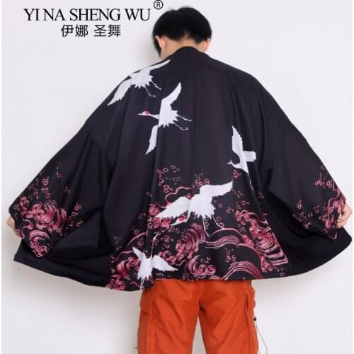 Men Fashion Haori Obi Cardigan Beach Kimono Japanese Style Kimono Yukata Crane Print Summer Traditional Kimono Streetwear Shirts