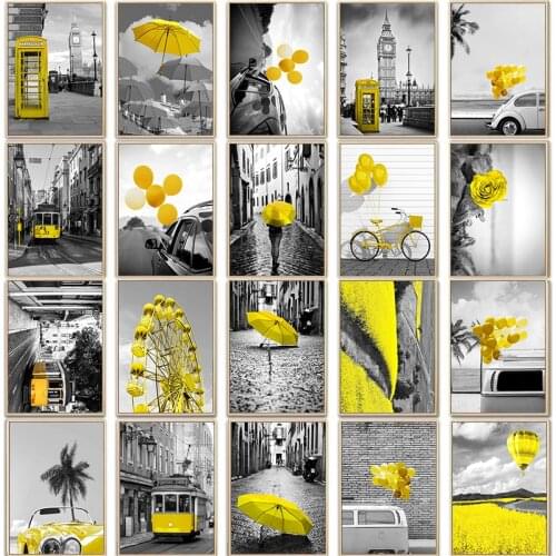 Black White Yellow Paris Wall Art Poster Print Landscape Leaves Moedrn City Canvas Painting Hot Air Balloon Picture Home Decor