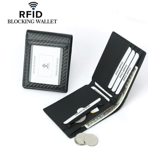 New Carbon Fiber Slim Wallet with ID Window RFID Blocking Minimalist Bifold Wallet for Men PU Leather Front Pocket Card Holder