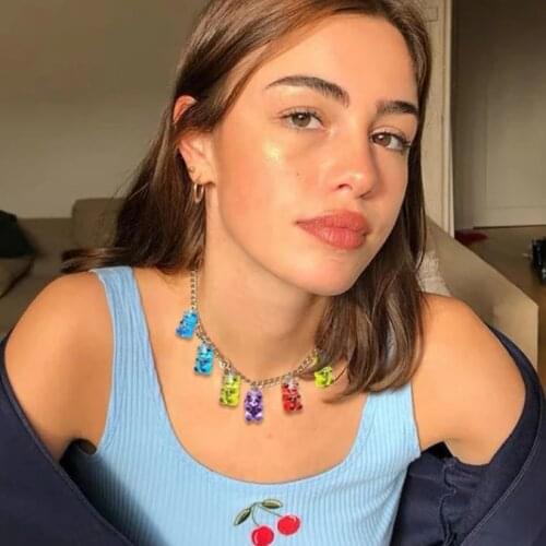 Candy Color Cute Cartoon Bear Charm Stainless Steel Chain Necklace Earrings Women Girls Daily Jewelry Party Gifts